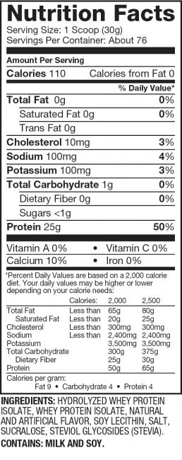 Iso100 nutrition label