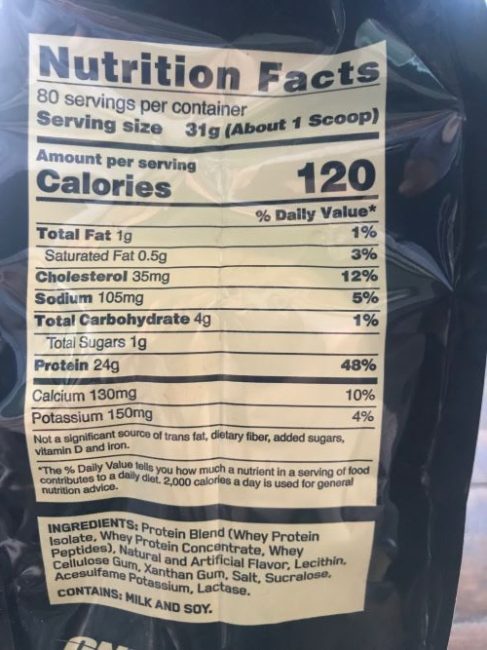 Gold Standard 100% Whey nutrition label