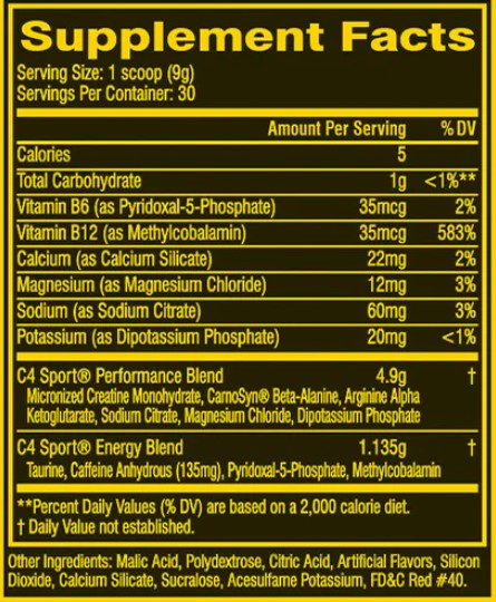 C4 Sport Ingredients label
