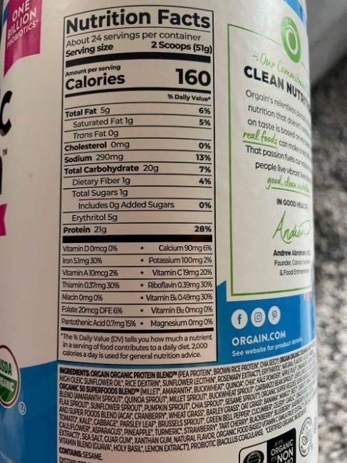 orgain nutrition label